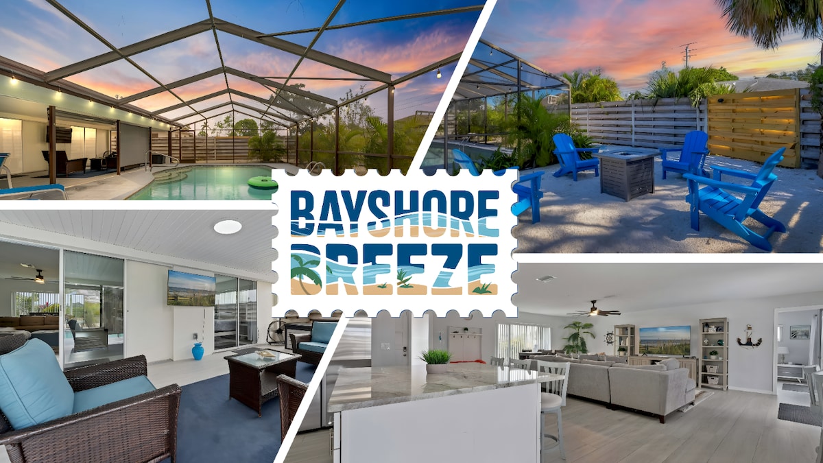 The image showcases multiple views of the Bayshore Breeze property, featuring a private screened pool area, outdoor seating with blue chairs, and a spacious open-concept living area. Bright colors and sunset skies enhance the inviting atmosphere of the backyard and interior spaces.