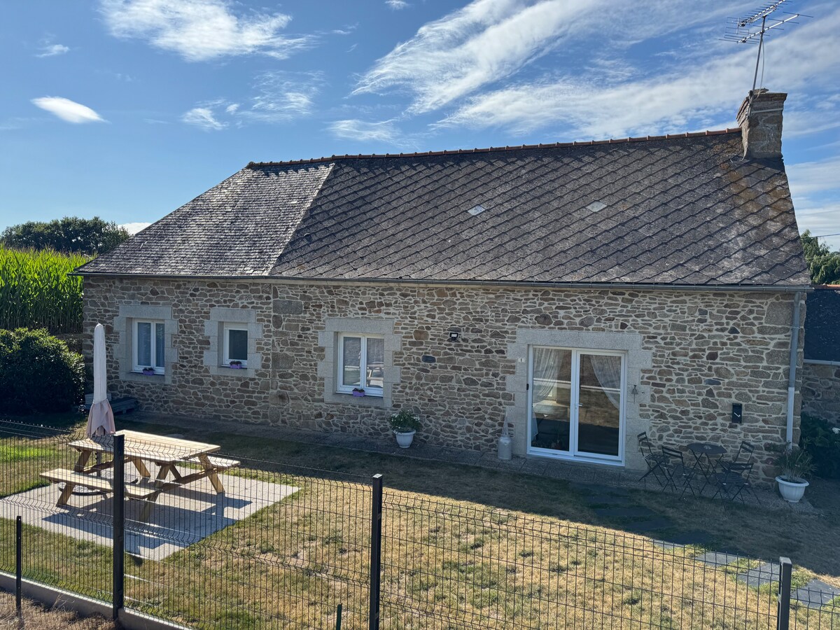 The exterior of a traditional stone house is depicted, featuring a gabled roof with a chimney. A well-maintained garden area includes a wooden picnic table and chairs, surrounded by a protective fence. Numerous windows allow for natural light, creating an inviting outdoor space.