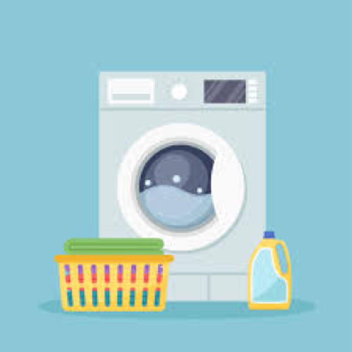 A washing machine is shown against a soft blue background, featuring a circular door filled with water. Beside it, a laundry basket filled with colorful towels rests next to a bottle of laundry detergent.
