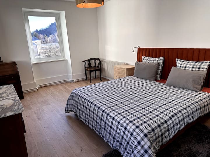 Prostrana soba za 2 osobe s bračnim krevetom, dva jastuka i udobnim poplunom. Opremljen je ormarom, komodom i tajnikom. Na zahtjev se može dodati dodatni krevet. Elegantna i funkcionalna atmosfera.