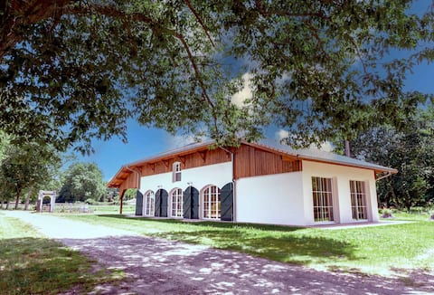 Large house in the forest bordering a lake