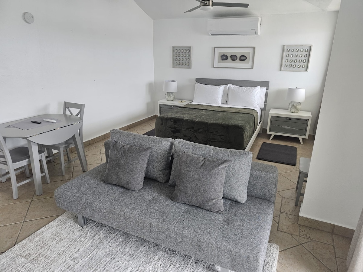 A well-appointed studio apartment features a plush bed with crisp linens and a cozy grey sofa adorned with decorative pillows. A small dining table is positioned nearby, complemented by two chairs. Light-colored tiled flooring and a ceiling fan contribute to a relaxed atmosphere.