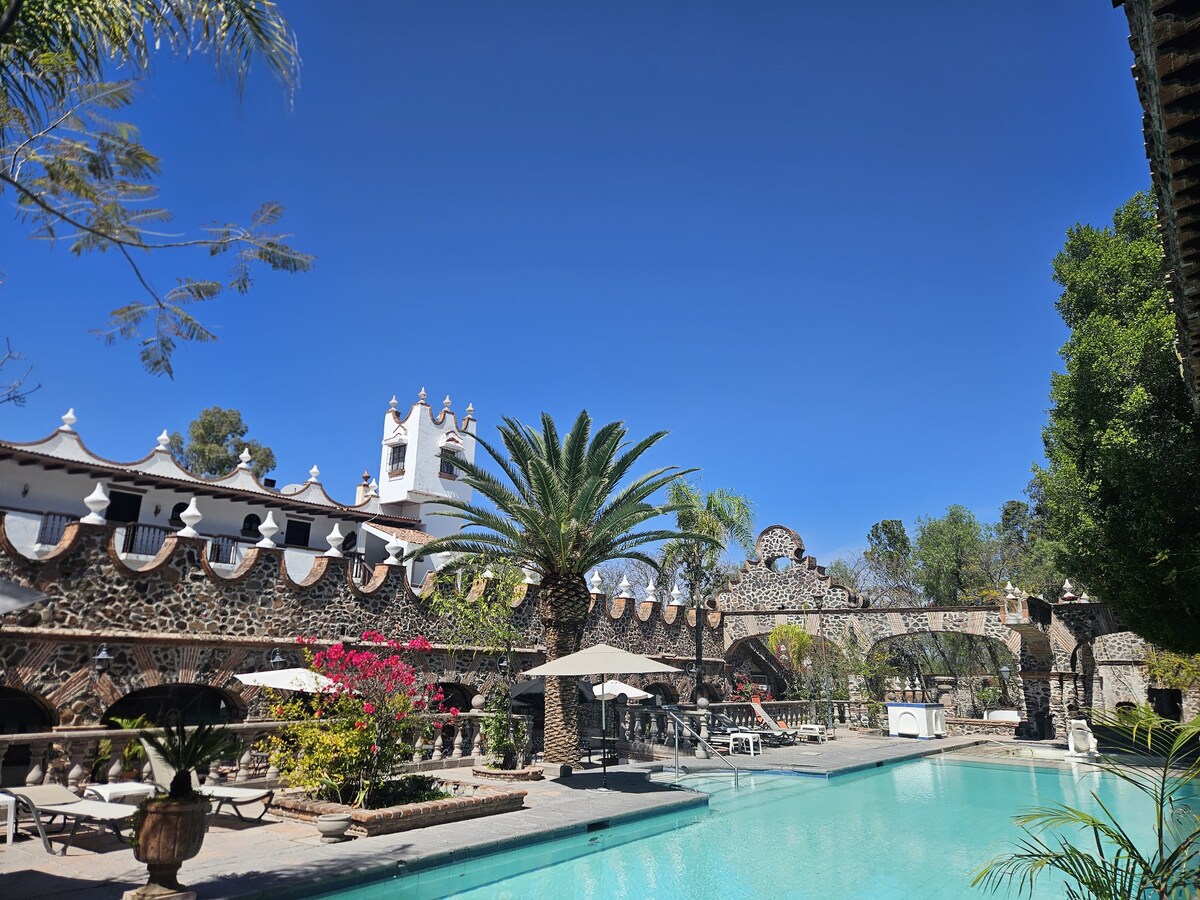 A serene scene showcases a stone architecture surrounding a large pool. Palm trees and vibrant flowers enhance the outdoor area. The clear blue sky reflects a calm atmosphere, inviting relaxation by the water's edge, with lounge chairs arranged for comfort.