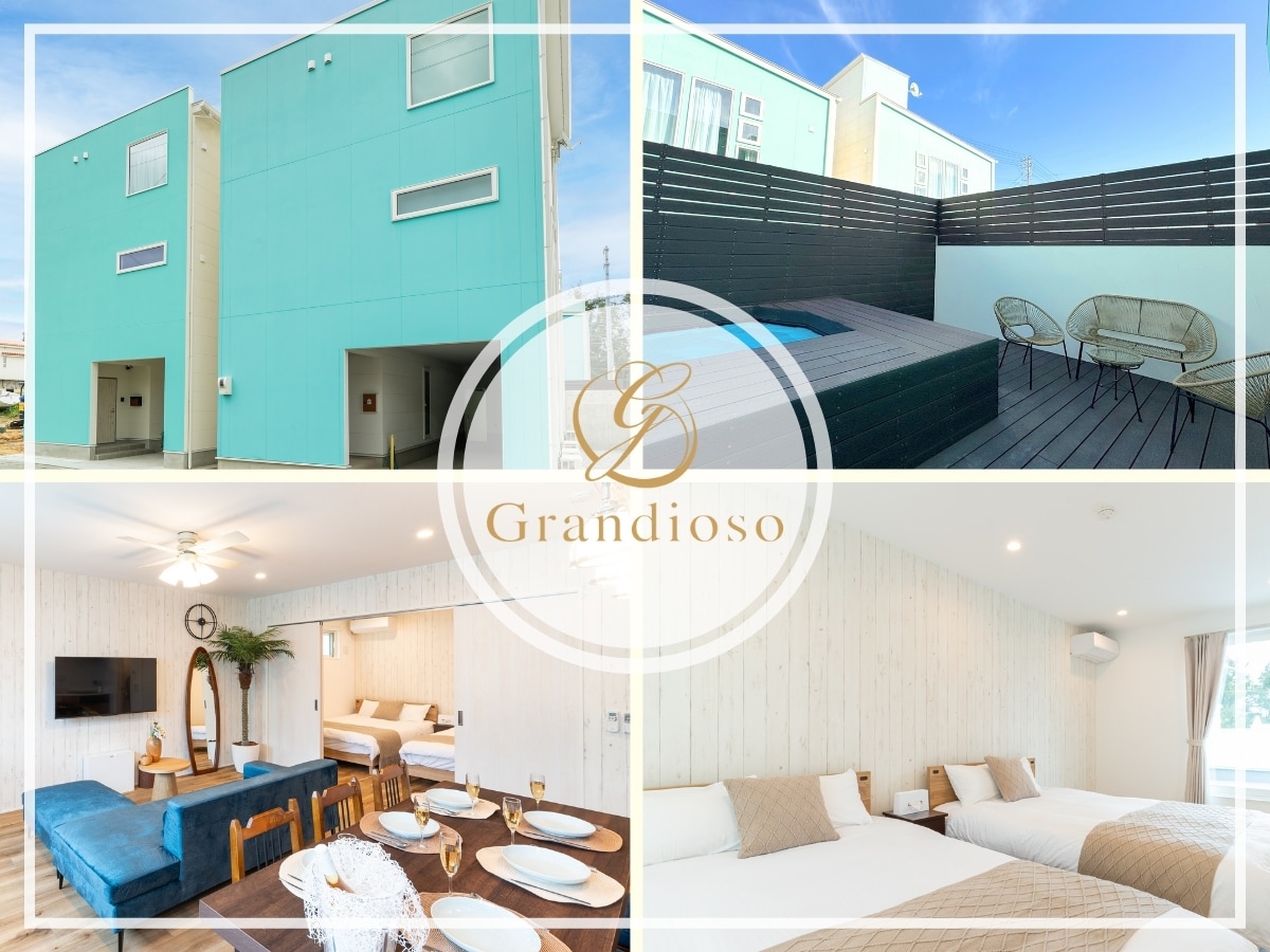 The exterior of the villa displays a modern design with large windows and a vibrant blue color. A private deck with seating is visible, leading to an inviting pool area. Inside, a spacious living area features a dining table set for guests, and a bright bedroom showcases two separate beds.