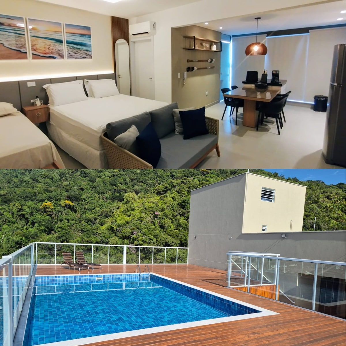 A living space is displayed featuring a cozy bedroom area with two beds and a comfortable sofa. A dining table is visible in the background, with light fixtures and kitchen appliances enhancing the setting. The lower portion showcases a rooftop pool surrounded by wooden decking and lounge chairs overlooking greenery.