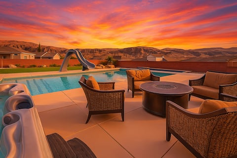 Spacious Home with Fire Pit, Hot Tub, Pool + Slide