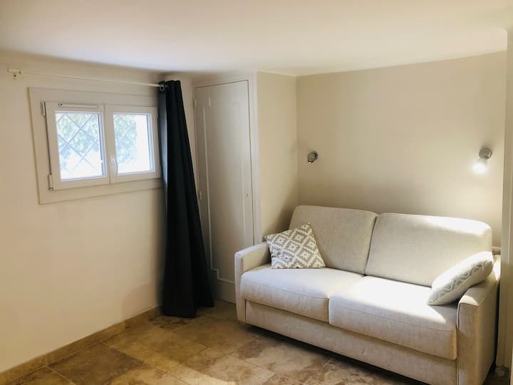 Chambre 5 (en rez de jardin) : un canapé convertible en 140cm + salle de bain privée