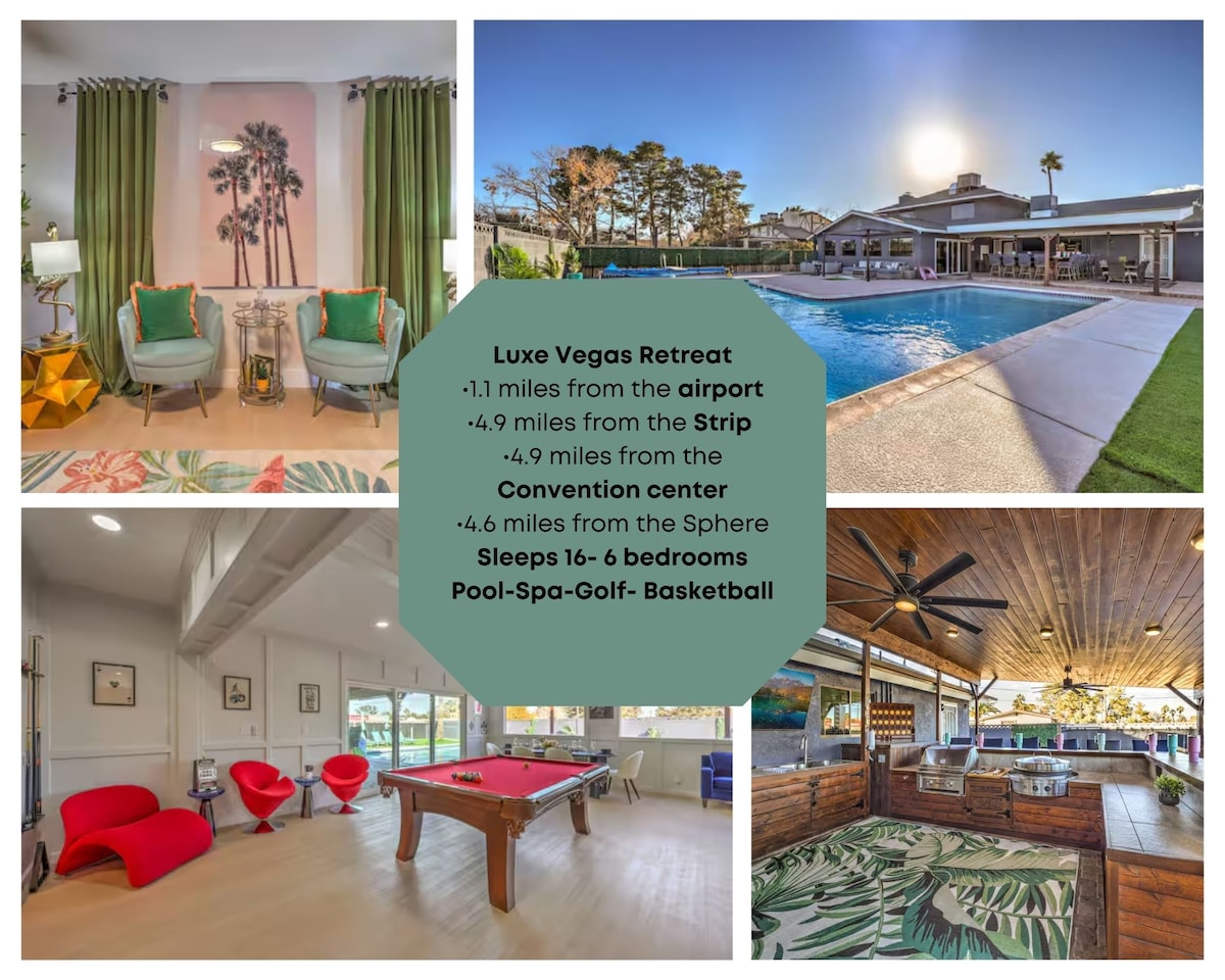 A spacious living area is furnished with vibrant green armchairs and a red accent chair, surrounded by large windows allowing natural light. An outdoor area features a large solar-heated pool and a stylish bar with ample seating, perfect for relaxation and entertainment.