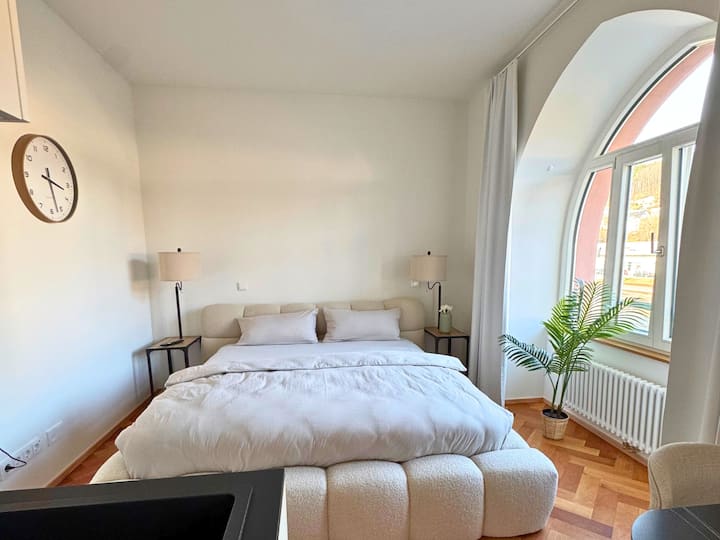 E theksuar është lartësia veçanërisht e lartë e tavanit dhe dritarja e bukur plotësisht e izoluar me pamje panoramike të Waldshut.