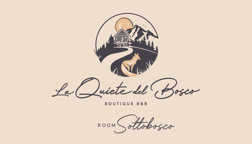 The logo features a stylized illustration of a mountain landscape with a retreat house set along a winding path. A silhouette of a fox is included, along with soft sunset colors, creating a harmonious design that reflects the B&B's nature-inspired ambiance.