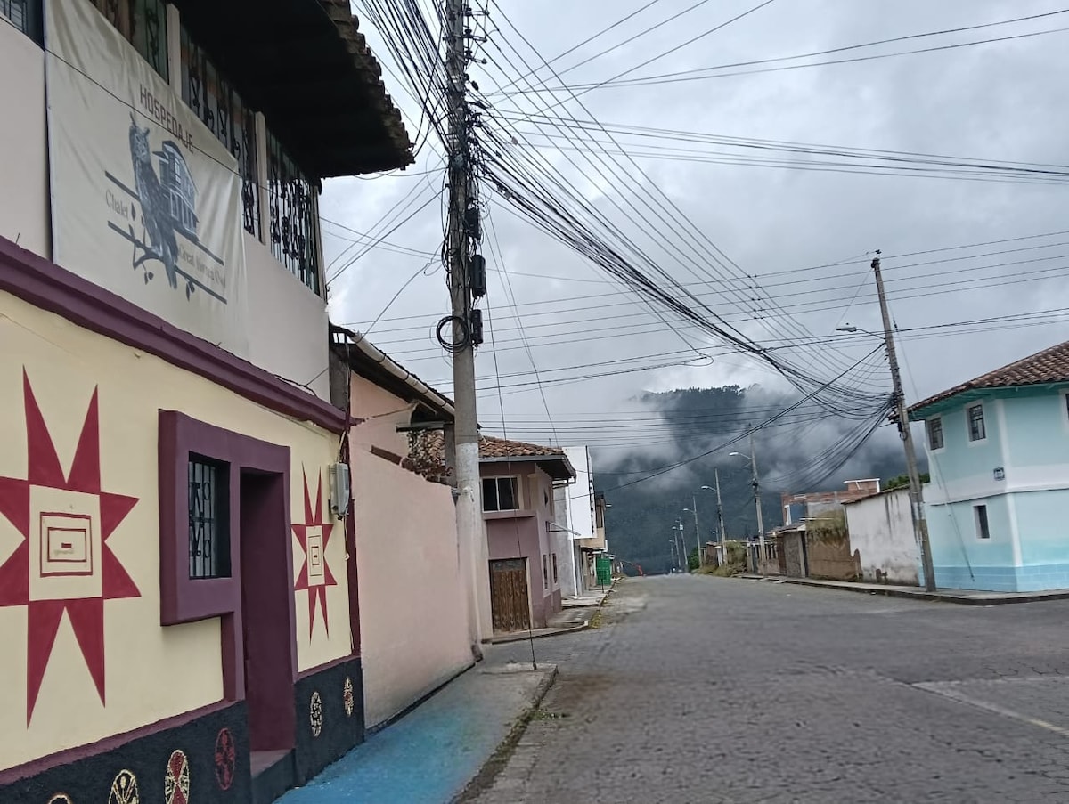 A quiet street scene features colorful buildings with distinct architectural styles. Utility poles line the road, adorned with numerous cables, while misty mountains are visible in the background under an overcast sky. A cobblestone path guides the viewer's eye along the tranquil setting.