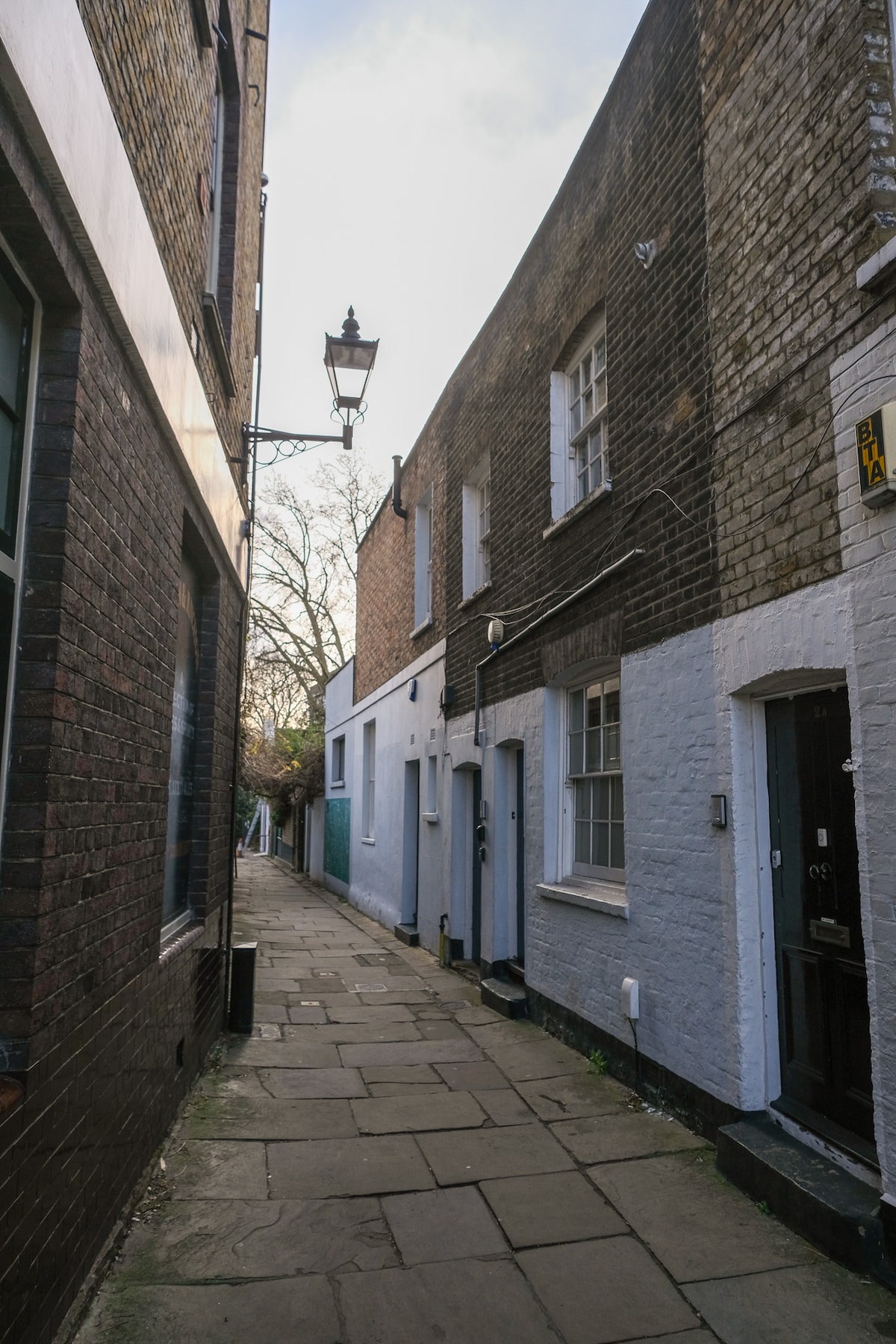 A narrow alleyway is flanked by brick buildings painted in contrasting colors, including white and dark brown. A vintage-style lamp post is positioned along the path, which features cobblestone pavement. Light filtering in from above highlights the tree branches at the end of the alley.