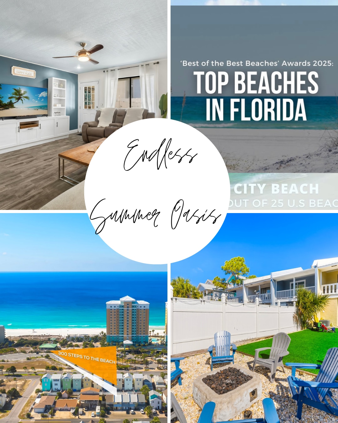 A bright living area features a ceiling fan, comfortable seating, and a wall-mounted television. Coastal-themed dĂŠcor enhances the inviting atmosphere, with light streaming through large windows. A beach view is visible through the window, reminding guests of the nearby coastal access.