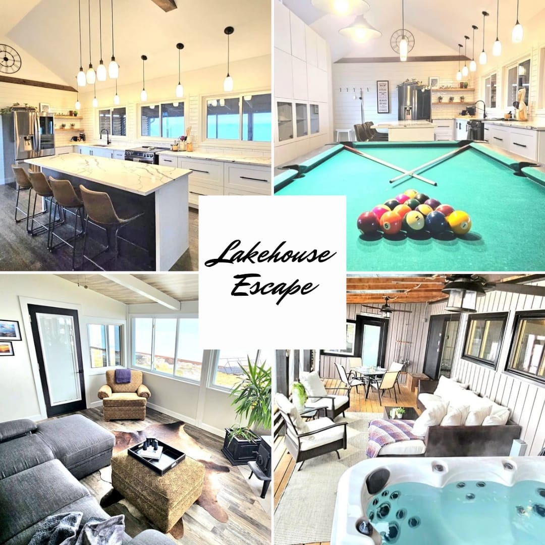 A bright and airy kitchen is equipped with modern appliances and a large island, featuring bar seating. A billiards table occupies a central area, surrounded by expansive windows. A cozy living space includes plush seating and a gentle color palette. A private hot tub is visible, offering relaxation.