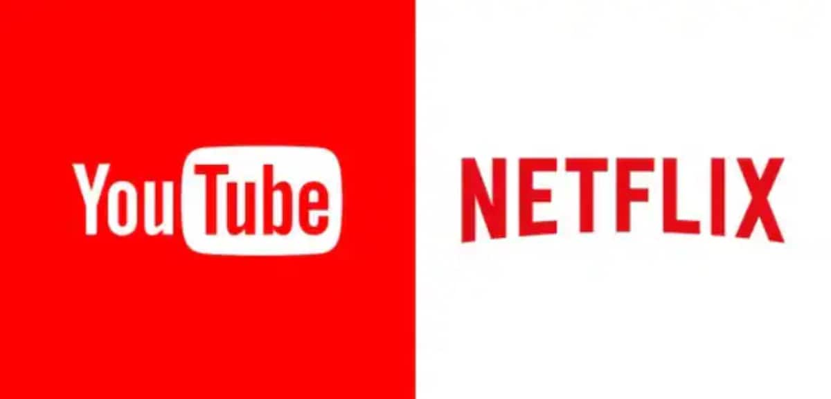 The image features the logos of YouTube and Netflix side by side. The YouTube logo appears on a red background with its characteristic play button design, while the Netflix logo is displayed on a white background, showcasing a bold, red lettering style.
