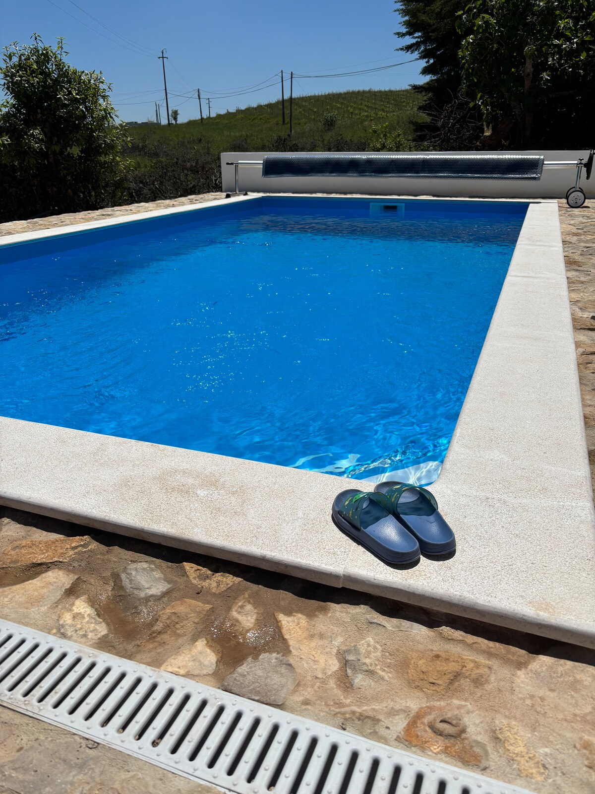 A bright blue heated pool occupies the center of the image, surrounded by a stone patio. A pair of sandals rests on the edge, while lush greenery and distant hills frame the background, contributing to a serene outdoor setting.