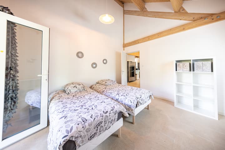 Chambre avec 2 lits simples ( 90*190cm) climatisation, ouvert sur la terrasse couverte