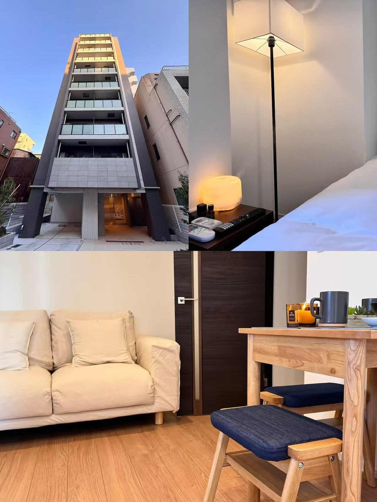 The exterior showcases a modern multi-story building with clean lines and a neutral facade. Inside, a cozy seating area is highlighted by a soft sofa and a simple wooden table with two chairs. A bedside lamp and a warm light create a comfortable atmosphere.