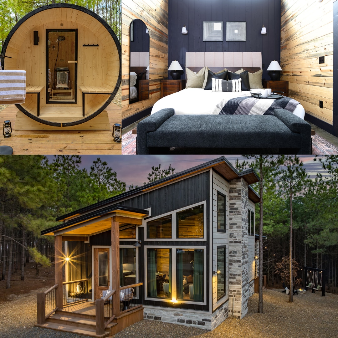 An outdoor sauna, featuring a circular design, is centrally positioned amid tall trees. A cozy bedroom displays a spacious bed with neutral linens and wooden accents. The modern cabin exterior showcases large windows and a welcoming porch, illuminated by soft lighting against a backdrop of serene woods.