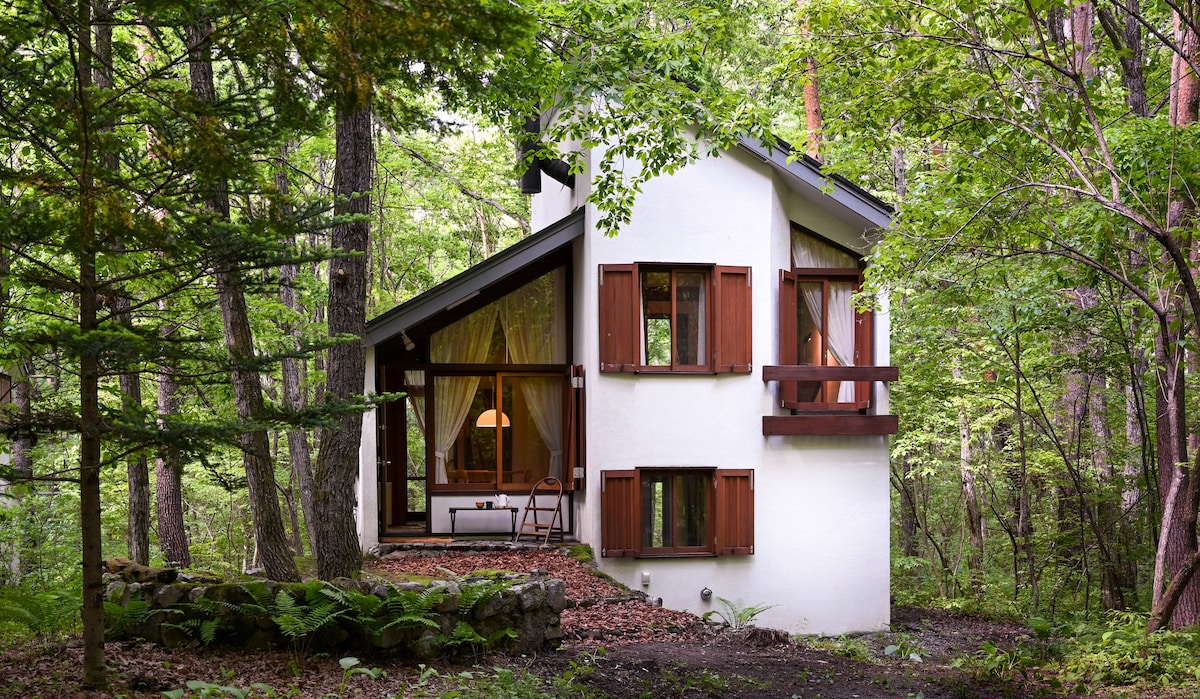 Surrounded by lush greenery, a mid-century architectural house blends into the forest backdrop. The exterior features white walls and wooden shutters, with large windows inviting natural light. A small patio area is visible, offering a peaceful spot to enjoy the serene setting.