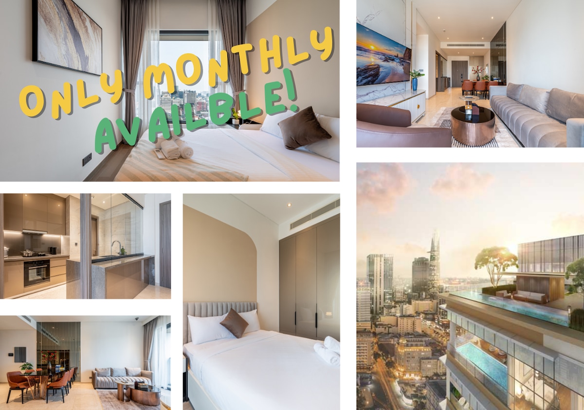 This image collage features the apartment's elegant design. A bright bedroom includes a spacious bed and large windows. The living room displays modern furnishings and a panoramic city view. A fully equipped kitchen is also visible, highlighting the sleek appliances and stylish cabinetry.