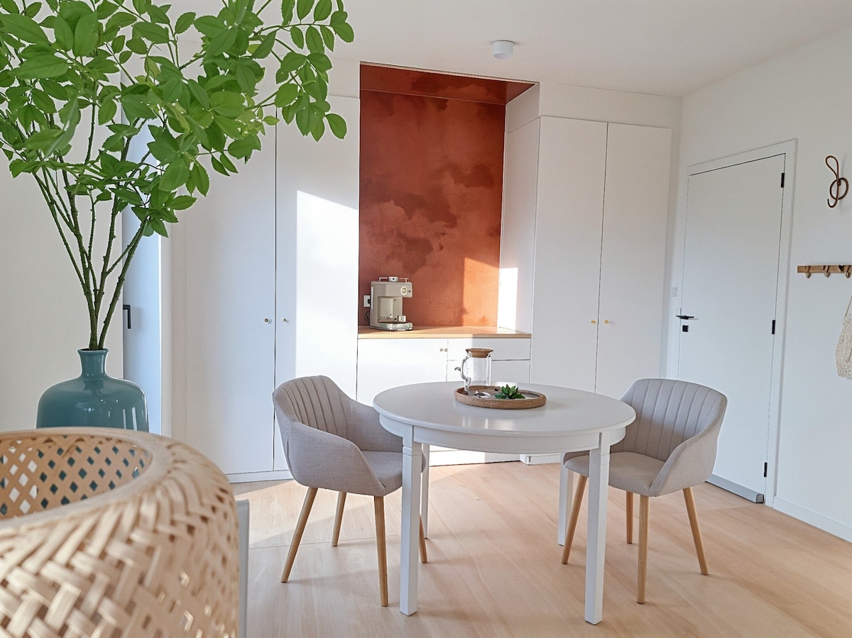 A bright dining area features a round table surrounded by two light-colored chairs. A minimalist kitchenette is visible in the background, complemented by warm-toned walls. A decorative plant in a blue vase adds a touch of greenery, while a woven basket enhances the natural aesthetic.