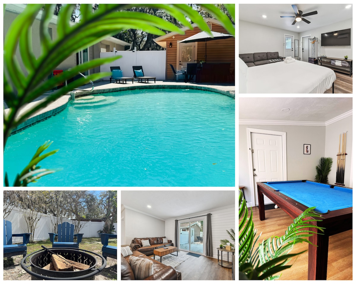A well-maintained private pool is surrounded by lounge chairs, offering a refreshing retreat under clear skies. Nearby, a cozy seating arrangement emphasizes relaxation while a pool table can be seen enriched with natural light from the open living area.
