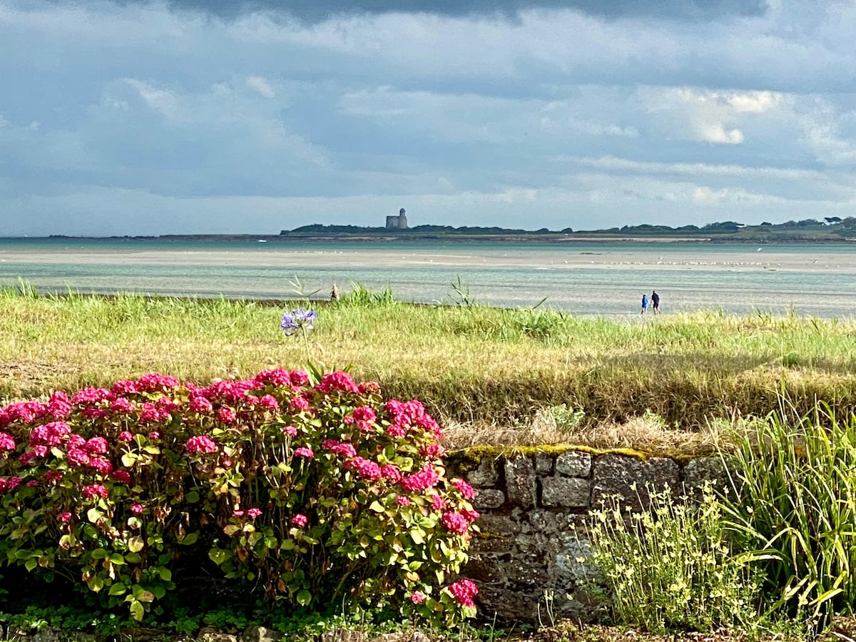 A scenic view features a stretch of sandy beach met by calm waters, with a distant glimpse of the towers of Saint-Vaast-la-Hougue. In the foreground, a cluster of pink hydrangeas adds color against the natural greenery, enhancing the tranquil coastal landscape.