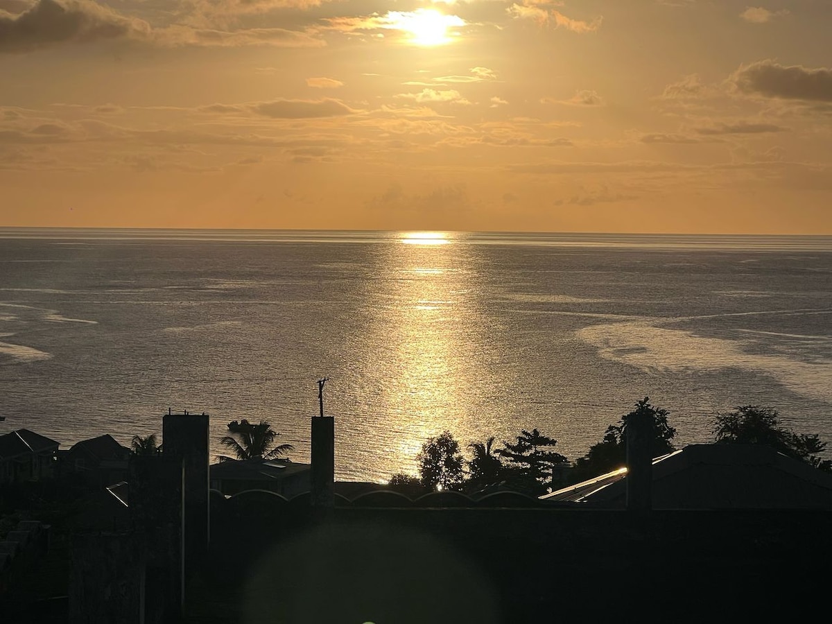 A tranquil seascape is captured at sunset, where golden light reflects off the calm ocean surface. Silhouettes of palm trees and distant structures are visible along the shoreline, creating a serene atmosphere enhanced by the soft colors of the evening sky.