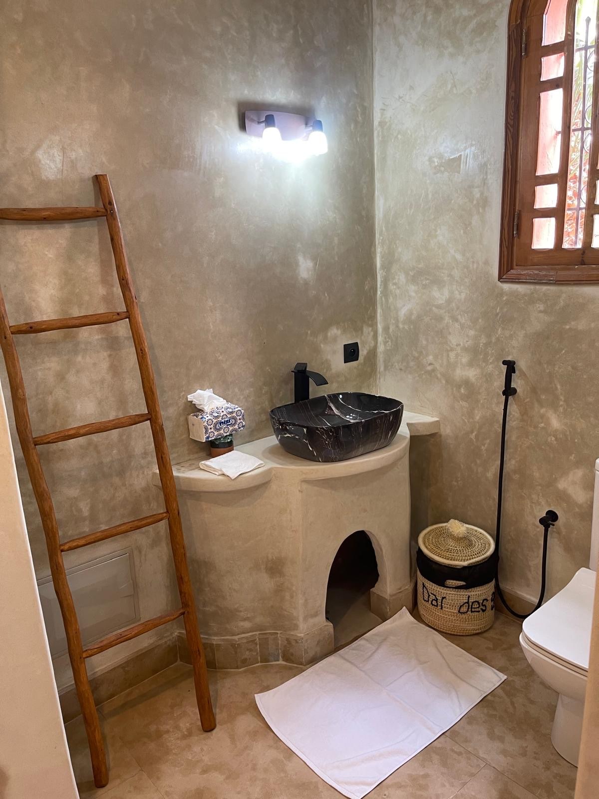 A modern bathroom is characterized by a textured wall in earthy tones. A unique stone basin is positioned atop a curved countertop, beside a wooden ladder. Amenities include a small tissue box and a stylish waste bin, with a soft bath mat laid out on the floor.