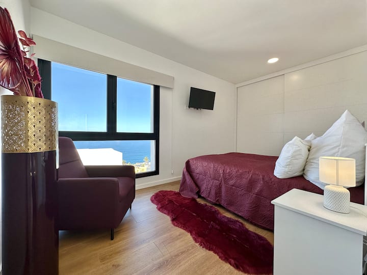 cama, dormitorio, mueble individual, vista al mar