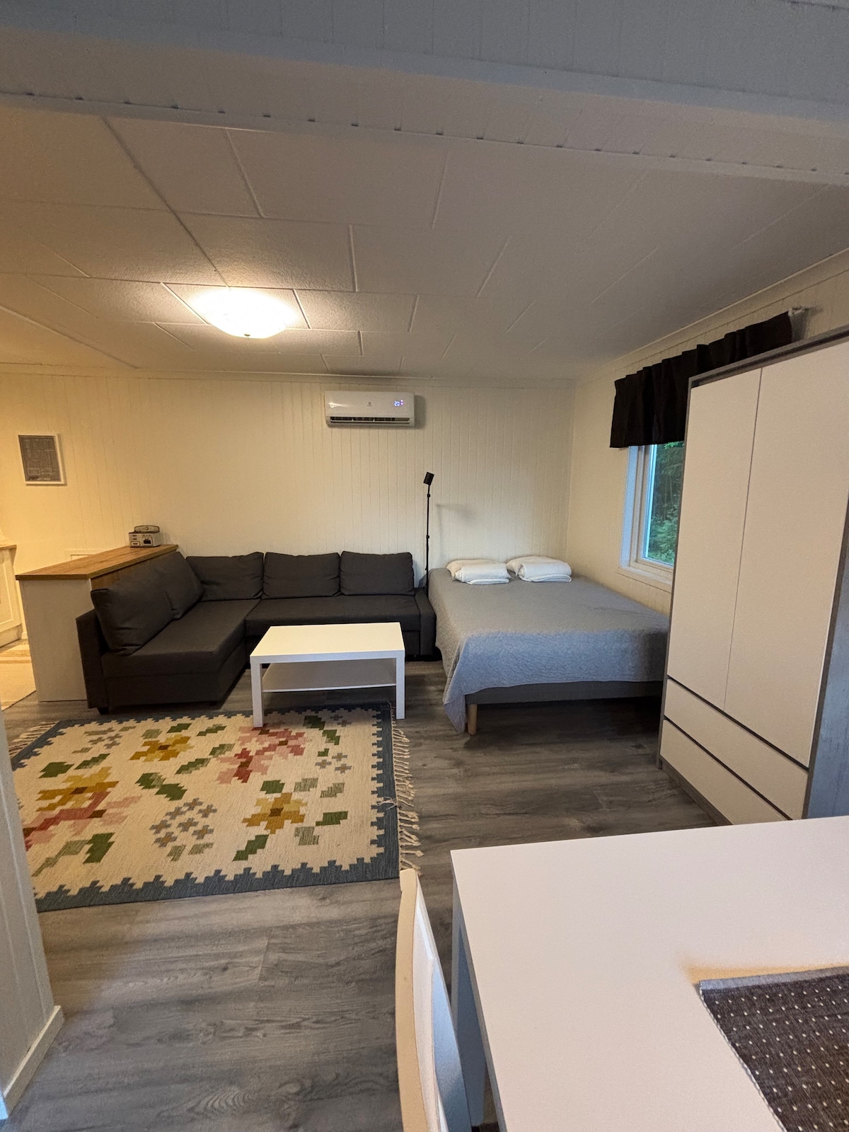 Მისაღები ოთახი 140 სმ ორადგილიანი საწოლითა და გასაშლელი დივნით, რომლის სიგანეც 140 სმ-ია. Ჰაერის გათბობის ტუმბო, რომელიც ზაფხულის ცხელ დღეებში კონდიციონერის ფუნქციასაც ასრულებს.