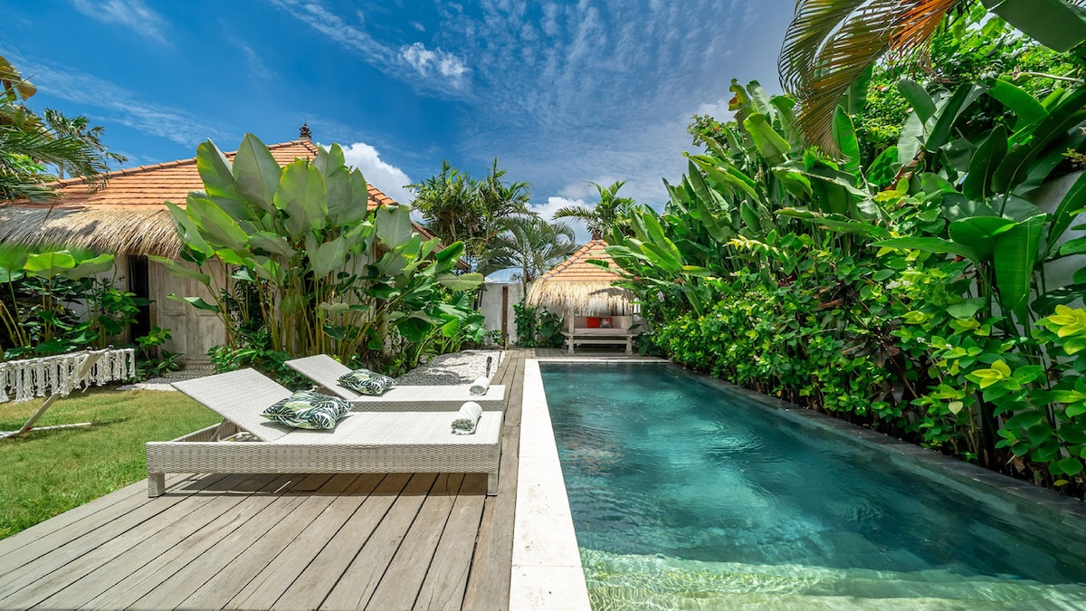 A serene outdoor area is depicted, featuring a clear swimming pool bordered by lush tropical foliage. Two sun loungers are positioned on a wooden deck, complemented by decorative cushions. The scene includes a thatched-roof gazebo nestled among the greenery, inviting moments of relaxation.