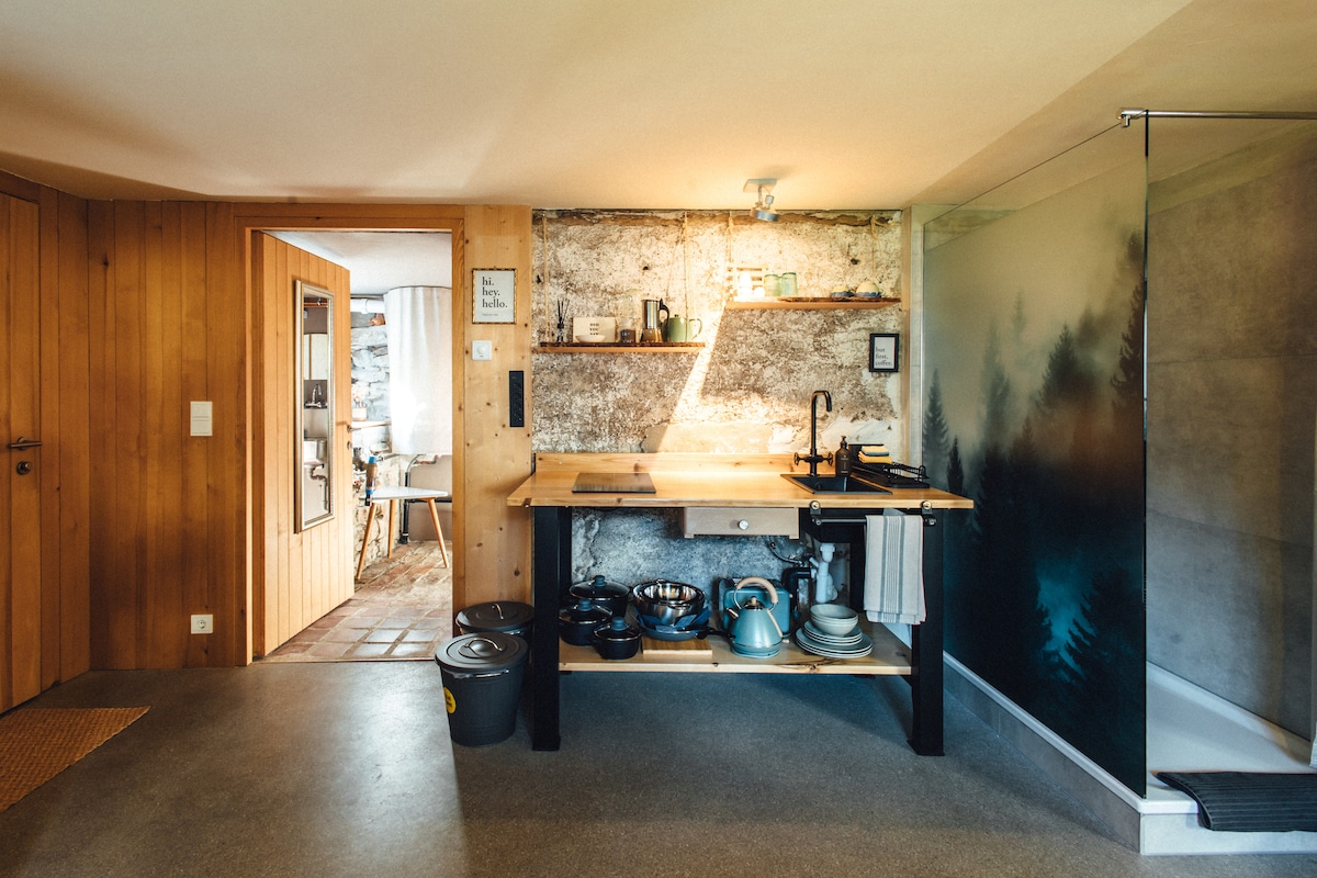 A functional kitchen area showcases a wooden countertop with various cooking utensils, including pots and kettle. The wall features a natural stone texture, enhancing the rustic charm. A clear glass shower is integrated into the space, offering an open yet private design.