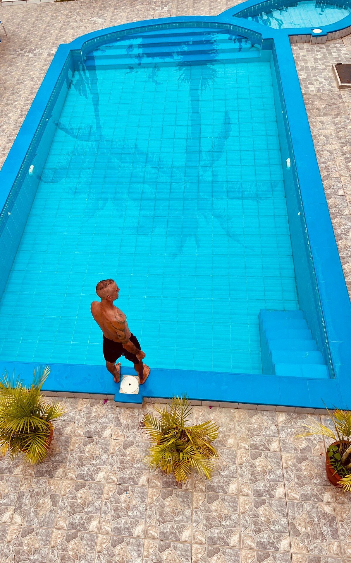 A crystal-clear swimming pool is visible, surrounded by a tiled deck and potted plants. The pool features steps leading into the water and a distinct curved section. Sunlight reflects off the surface, creating a serene atmosphere inviting relaxation.