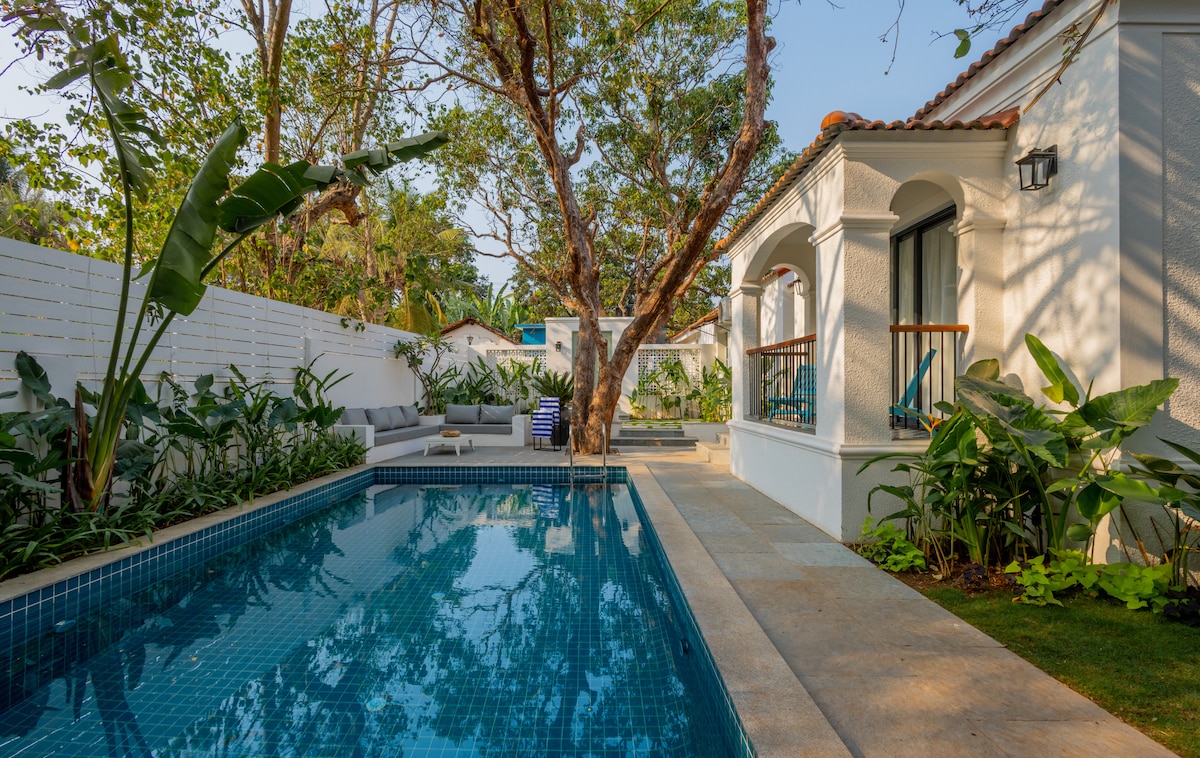A private swimming pool reflects the surrounding greenery, bordered by a stone pathway. Lounge seating is positioned nearby under the shade of a large tree, with various plants adding a lush touch to the villa's exterior. White walls showcase the villa's architectural details.