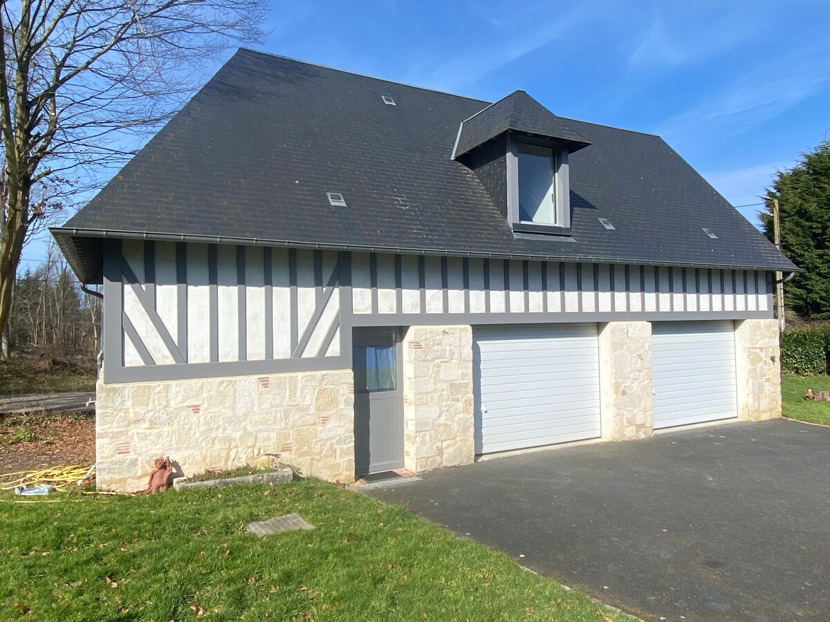 The exterior of a two-story house features a combination of light stone and dark wood paneling. A prominent gabled roof and large windows are visible, complemented by two garage doors. The surrounding area is green, with trees in the background and a clear blue sky above.