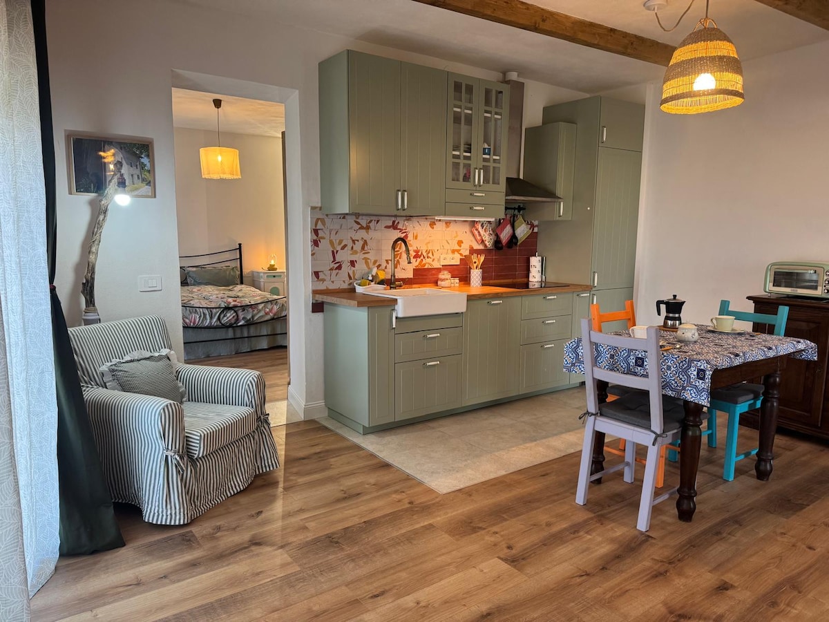 A modern kitchen area features light green cabinets and a decorative backsplash. A dining table is surrounded by colorful chairs, while a comfortable armchair provides additional seating. The adjoining bedroom is visible, adding a sense of openness to the space.