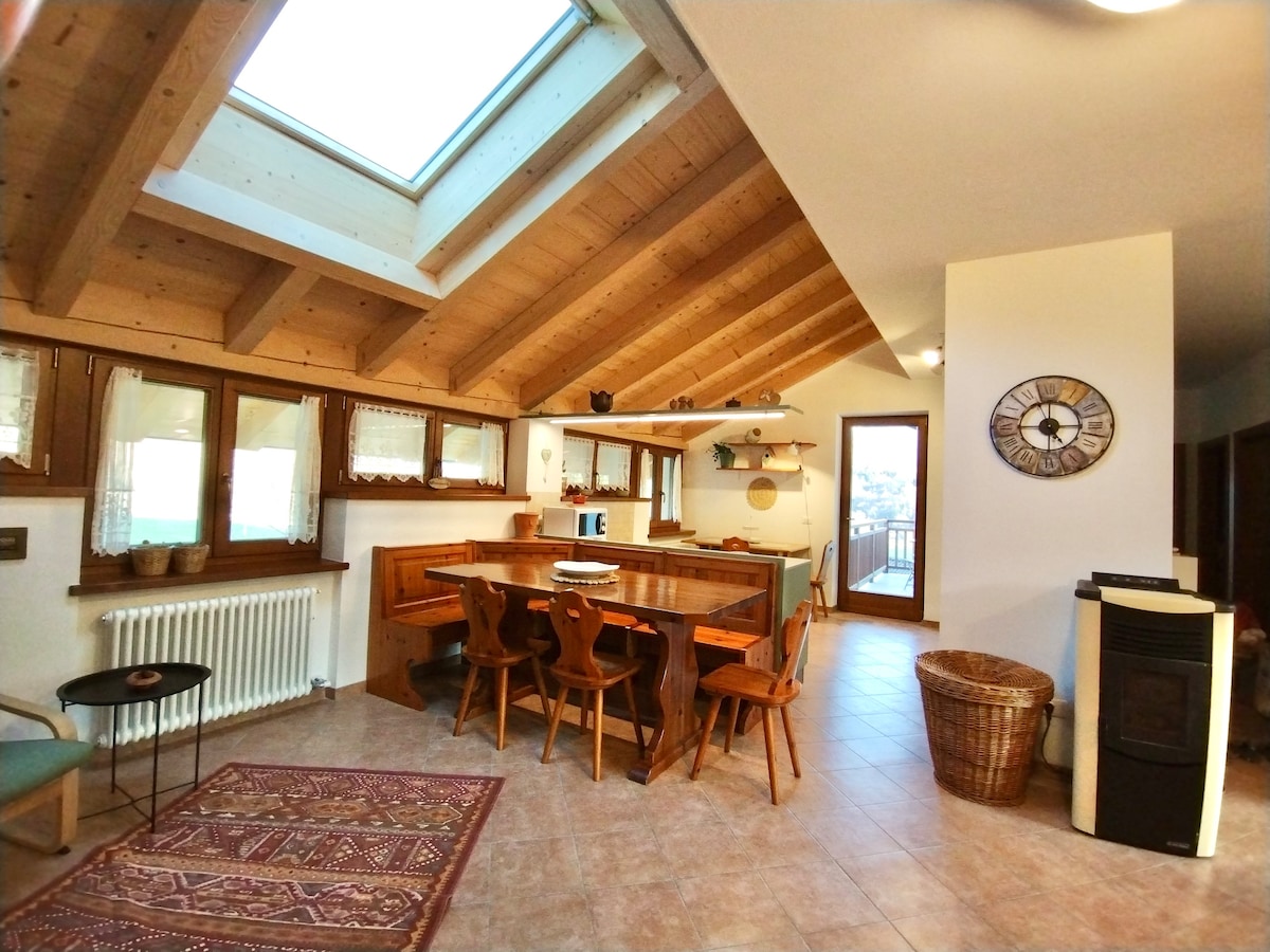 A bright, spacious living area features a dining table surrounded by wooden chairs. Skylights illuminate the room, and a rustic decor adds character. Warm wooden beams run across the ceiling, while windows provide views of the outdoors. A cozy seating arrangement is visible in the corner.
