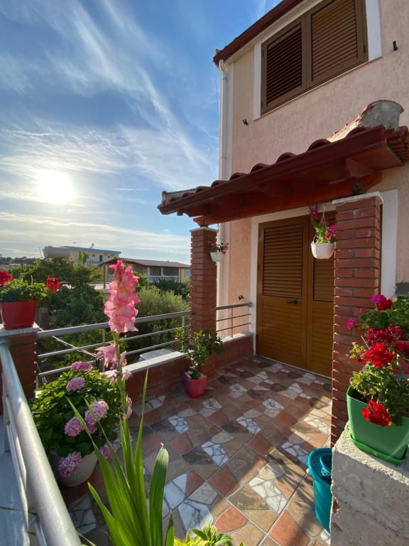 A welcoming balcony is adorned with potted flowers and greenery, offering a colorful display. Sunlight illuminates the scene, while a well-maintained tiled floor leads to a pair of wooden doors. Vibrant plants in various pots enhance the outdoor setting, creating a serene atmosphere.