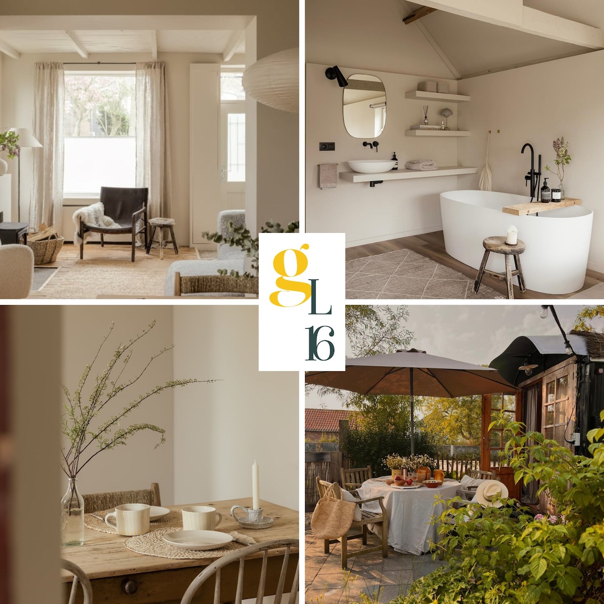 A cozy living area features a comfortable armchair and natural lighting from large windows. A minimalist bathroom is equipped with a freestanding tub and modern sink. A dining table set for two showcases rustic charm with simple tableware. The garden is adorned with seating and an umbrella, inviting relaxation.