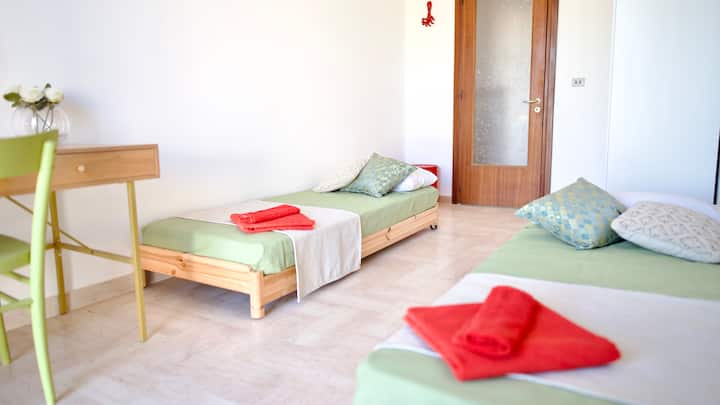 Pogled iz sobe na niske krevete za jednu osobu 