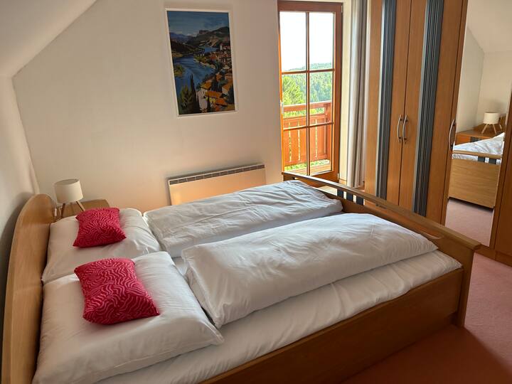 阳台可欣赏梦幻般的湖泊和山脉景观，配备大衣柜和镜子。 