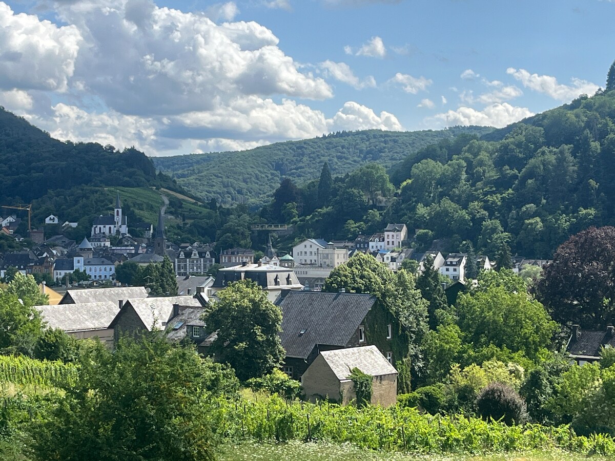 A panoramic view captures the lush green hills surrounding a charming village. Various buildings, including traditional homes and churches, are nestled amid verdant vegetation, with rolling hills visible in the background under a blue sky adorned with fluffy white clouds.