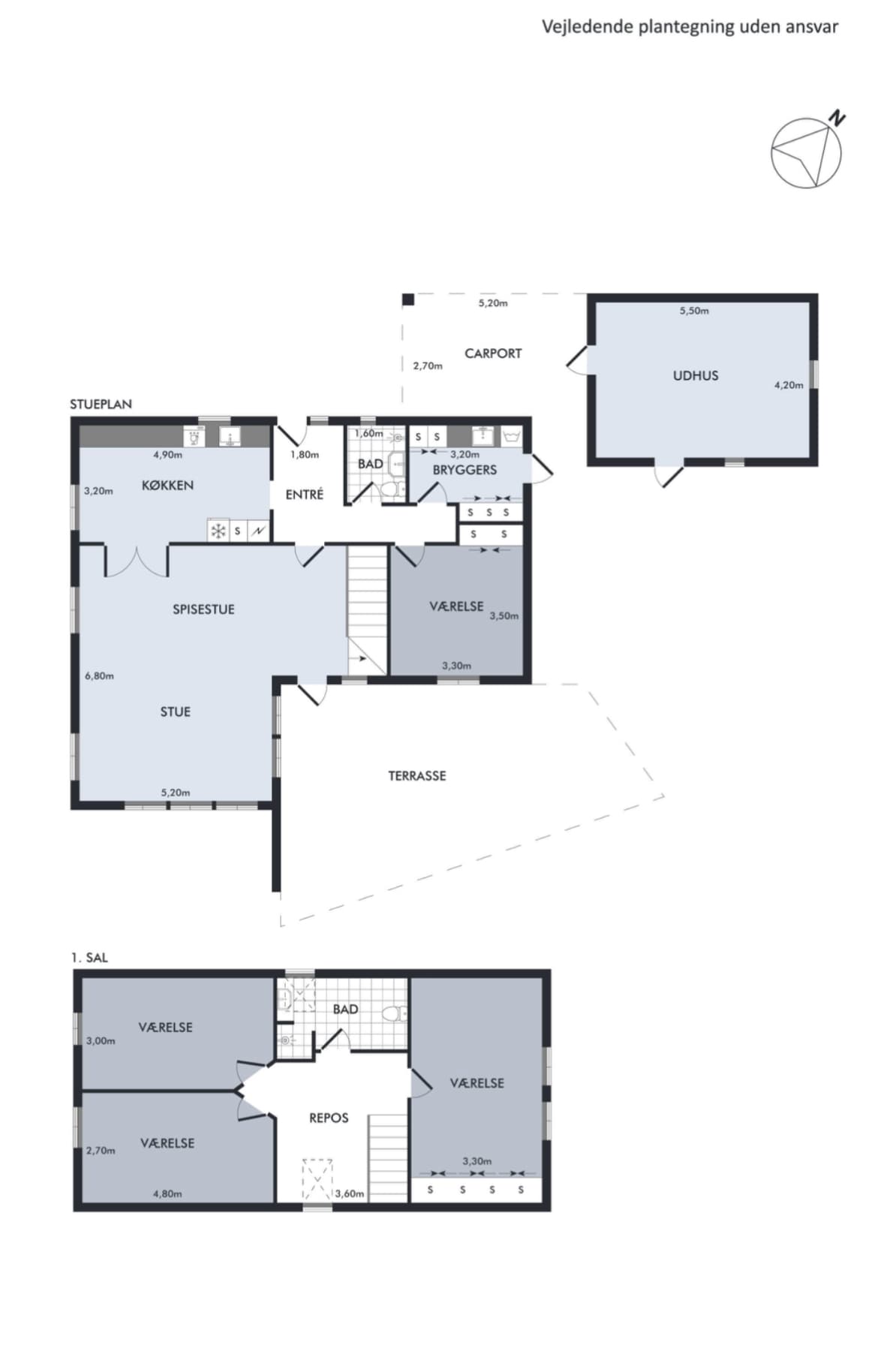 A detailed floor plan of the house is presented, illustrating the layout of the rooms, including a spacious kitchen, living areas, and bedrooms. Clear labels identify essential spaces, with dimensions provided for understanding proportions. An outdoor terrace and nearby carport are also indicated.