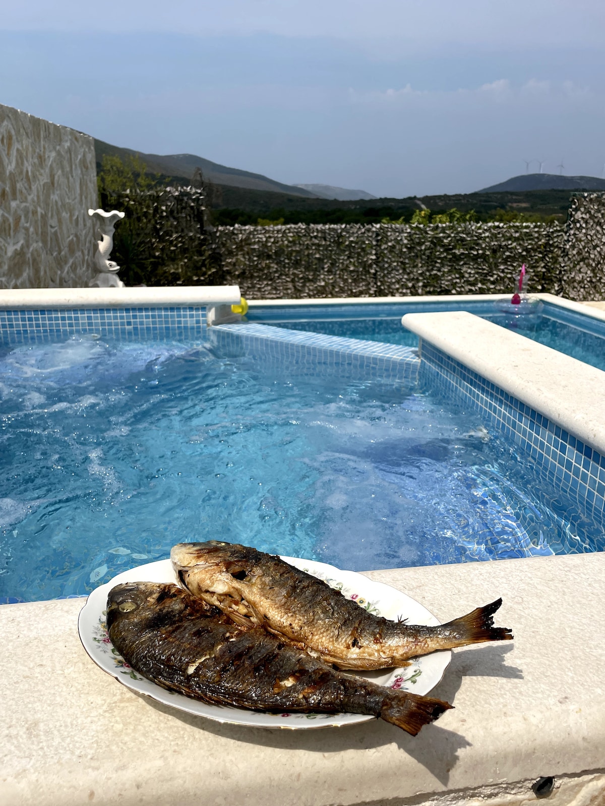 A plate of grilled fish rests on the edge of a pristine swimming pool, showcasing clear blue water. The pool's gentle waves reflect the surroundings, with a green landscape in the background and a hint of mountains visible under a soft sky.