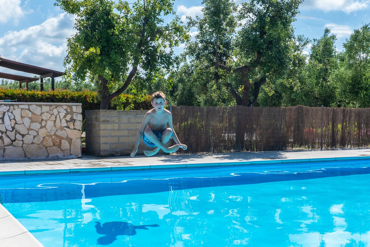 A swimmer is caught mid-air before diving into a clear turquoise pool. Surrounding the pool, lush greenery and trees provide shade, while a stone wall adds structure to the outdoor space. The sky above is bright with fluffy clouds.