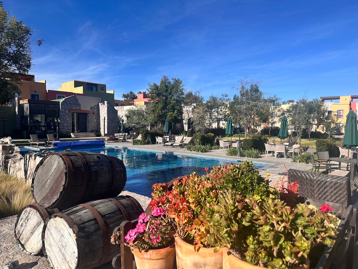 A tranquil pool area is surrounded by lush landscaping, with sun loungers arranged near the water's edge. Decorative barrels hold vibrant flowers, adding color to the scene. Umbrella-shaded seating is visible, creating a relaxed outdoor atmosphere in the communal space.