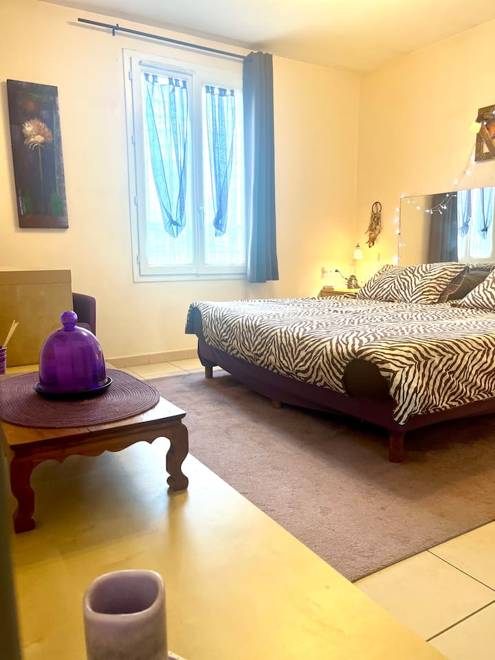 Chumba cha kulala cha kiwango cha juu kilicho na chumba cha kuvaa na bafu ya chumbani