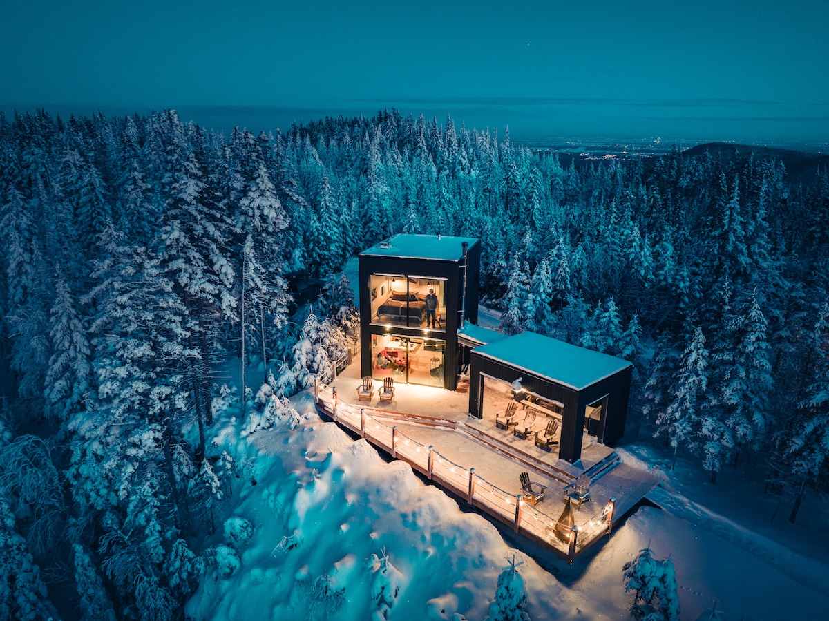 An aerial view of a modern chalet, nestled among snow-covered trees. The building features large glass elements that reflect the surrounding wintry landscape, with warm lights visible inside, contrasting against the cool blue of twilight.
